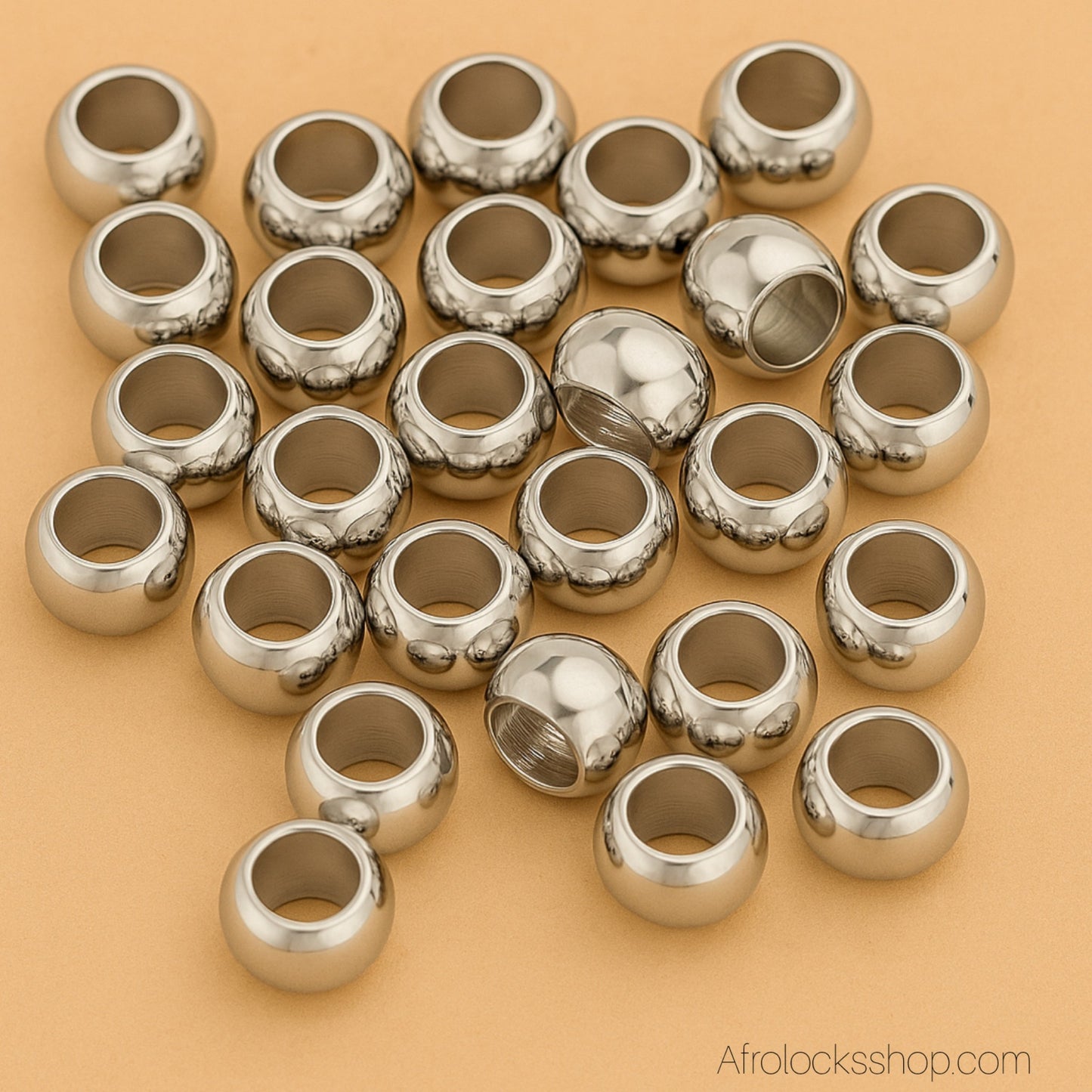 Perles pour dreadlocks – lot 30g - 40 à 50 – acrylique doré ou argenté – Ø 12 mm, trou 7 mm