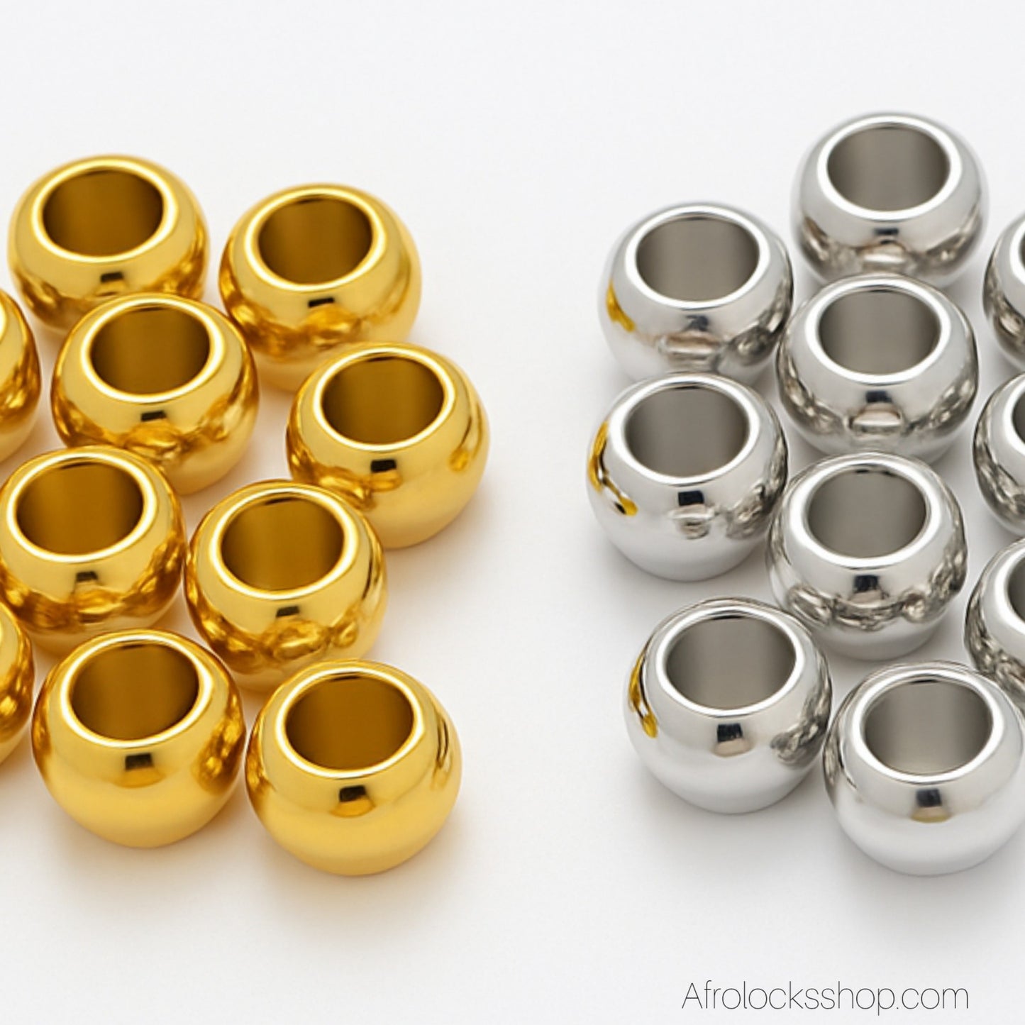 Perles pour dreadlocks – lot 30g - 40 à 50 – acrylique doré ou argenté – Ø 12 mm, trou 7 mm