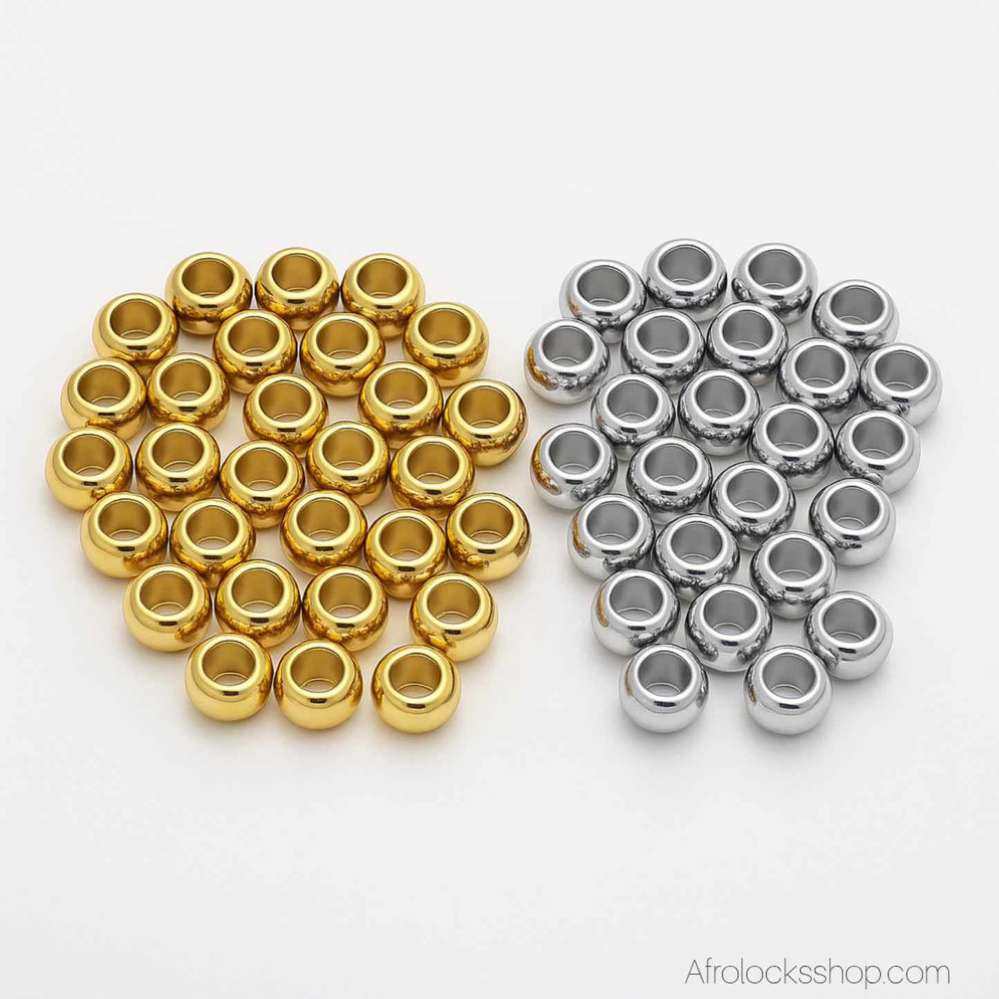 Perles pour dreadlocks – lot 30g - 40 à 50 – acrylique doré ou argenté – Ø 12 mm, trou 7 mm