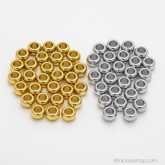 Perles pour dreadlocks – lot 30g - 40 à 50 – acrylique doré ou argenté – Ø 12 mm, trou 7 mm