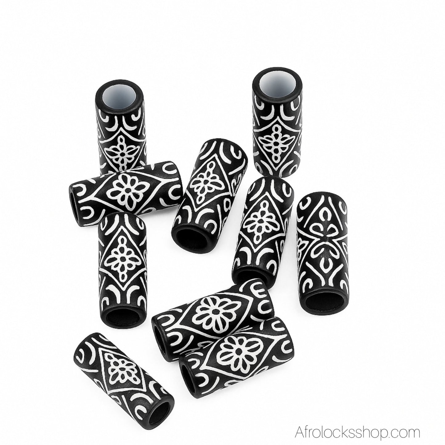 Perles tubes/tonneaux gravées – lot de 10 (10×26 mm, trou 6 mm)