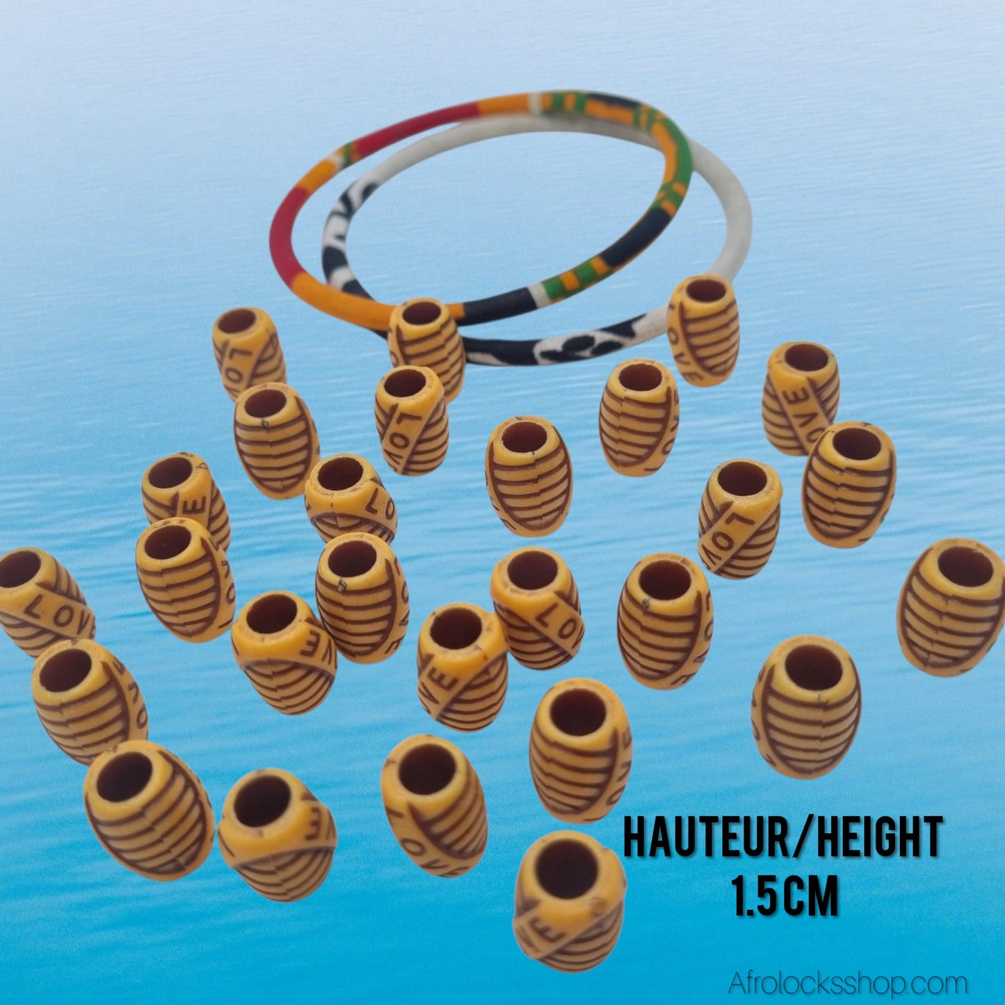 Perles “LOVE” – Lot 25 g (≈25 pcs) • Imitation bois – Trou 5 mm • Locks, tresses & DIY ✨