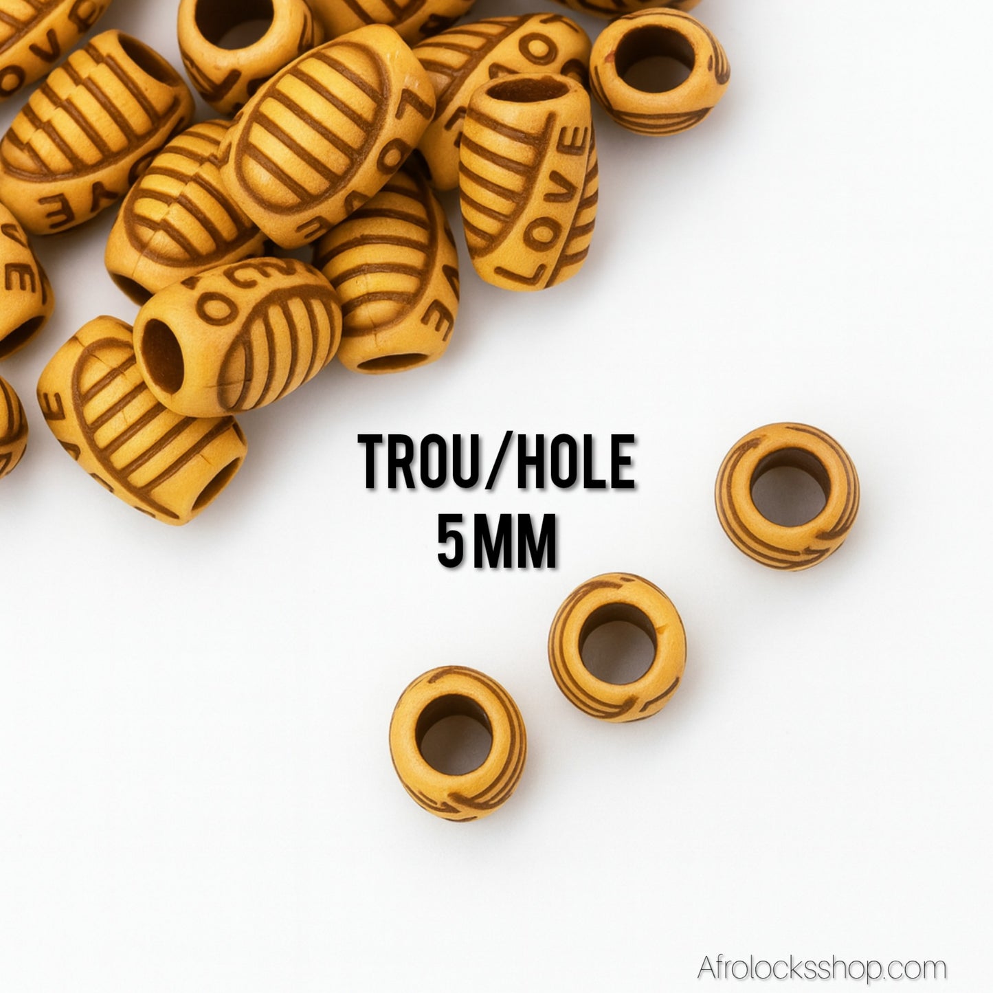 Perles “LOVE” – Lot 25 g (≈25 pcs) • Imitation bois – Trou 5 mm • Locks, tresses & DIY ✨