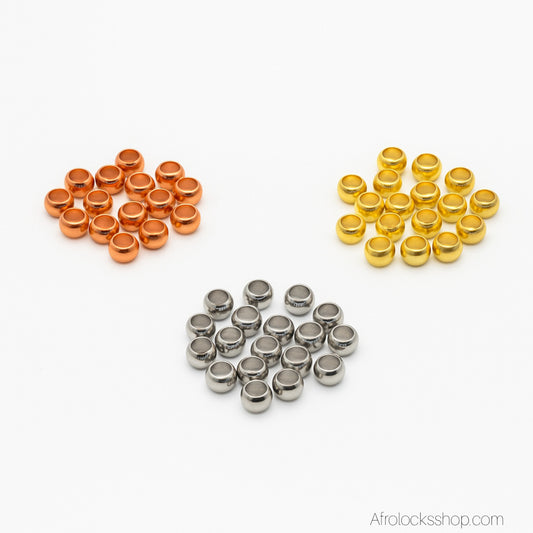 Perles spéciales microlocks & sisterlocks – inox (lot de 20) – 5 tailles de trou – argent/or/or rose – or PVD sur 2 & 3 mm