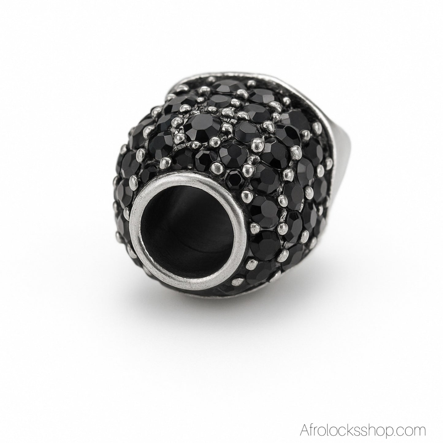 Perle tête de mort – acier inoxydable 316L + strass (trou 6 mm)