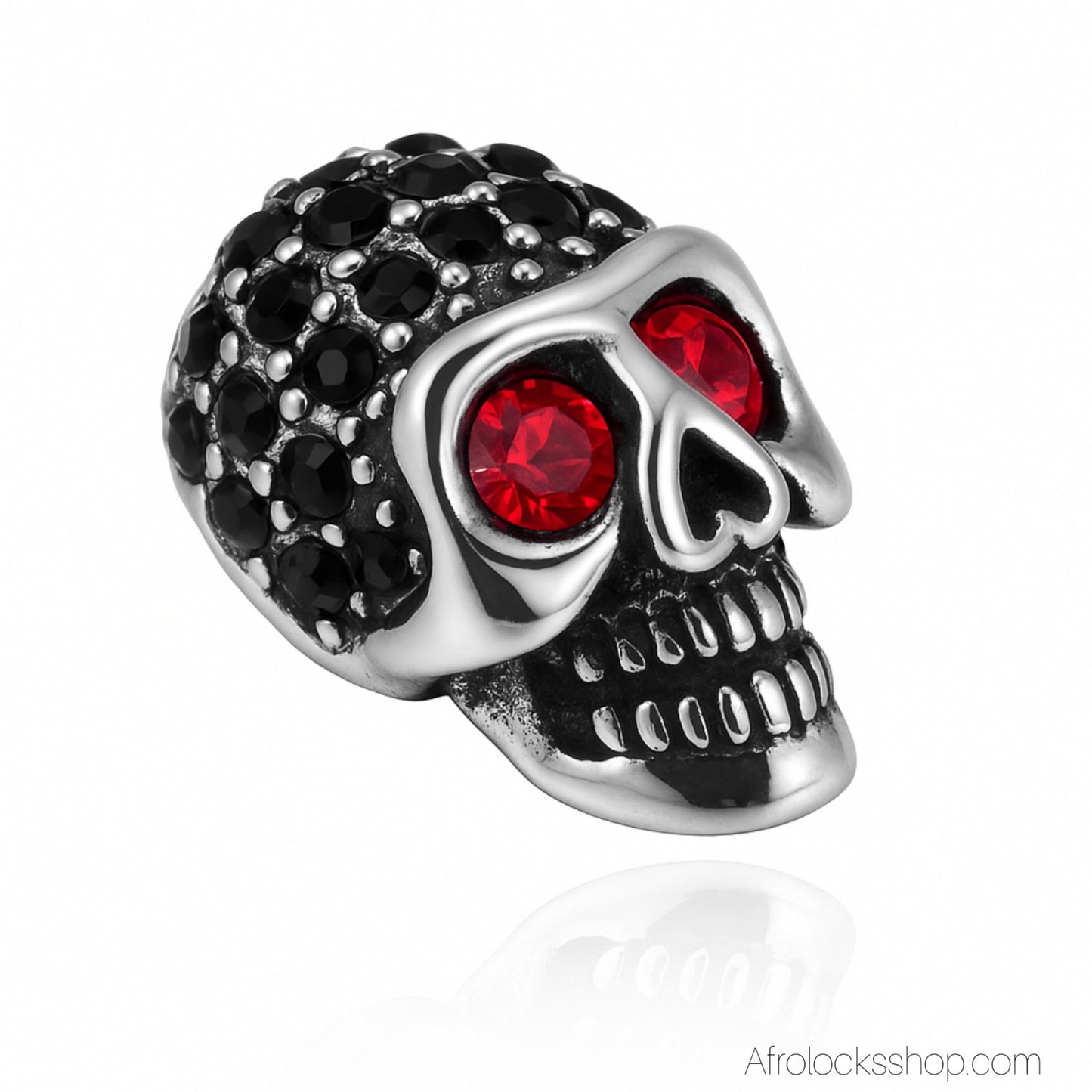 Perle tête de mort – acier inoxydable 316L + strass (trou 6 mm)