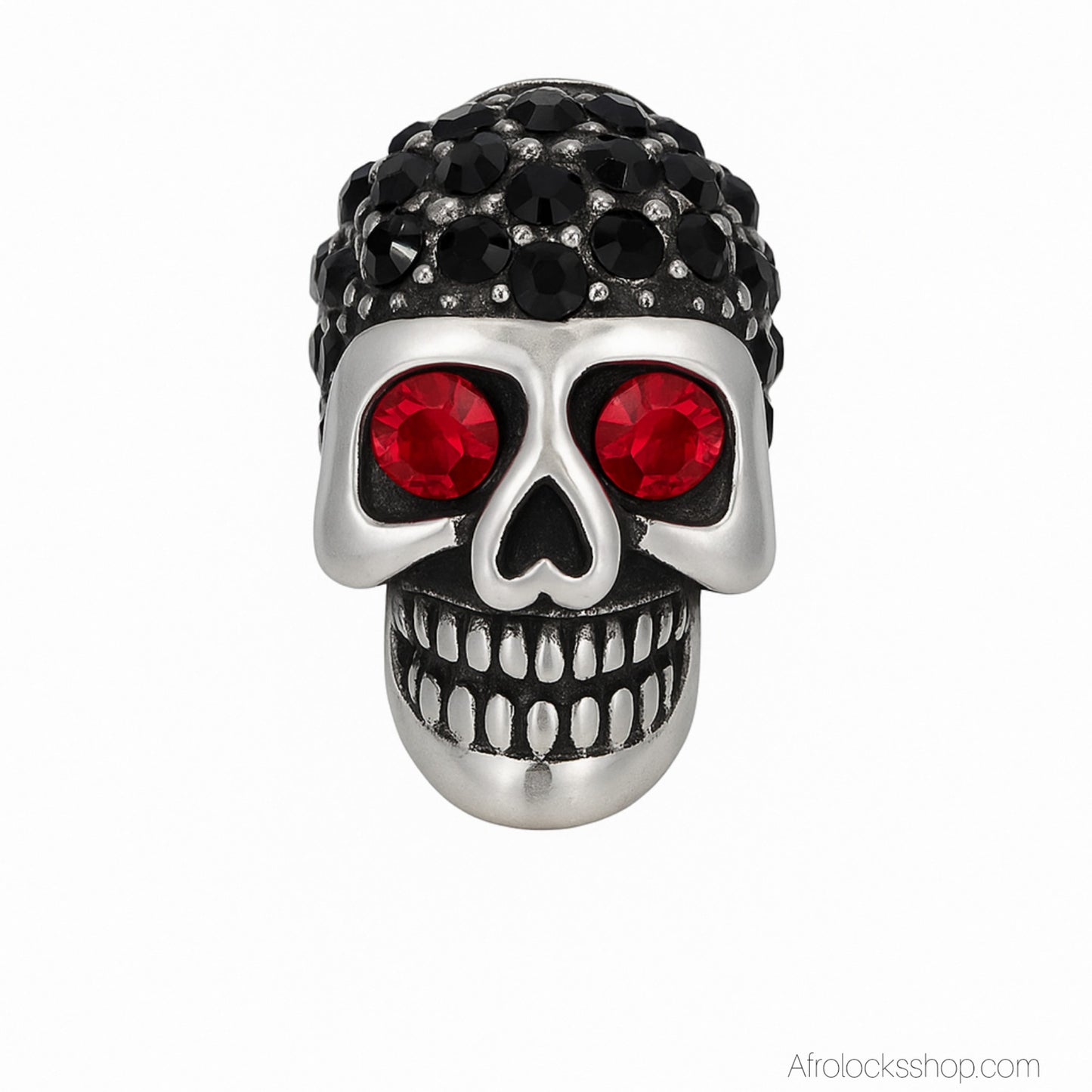 Perle tête de mort – acier inoxydable 316L + strass (trou 6 mm)