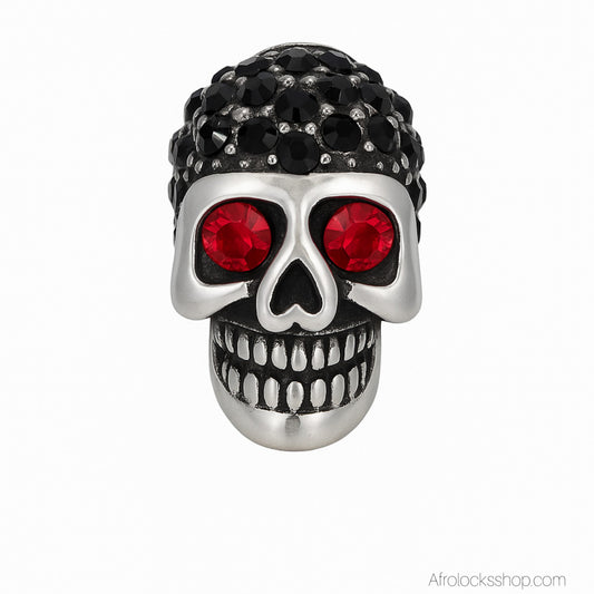 Perle tête de mort – acier inoxydable 316L + strass (trou 6 mm)