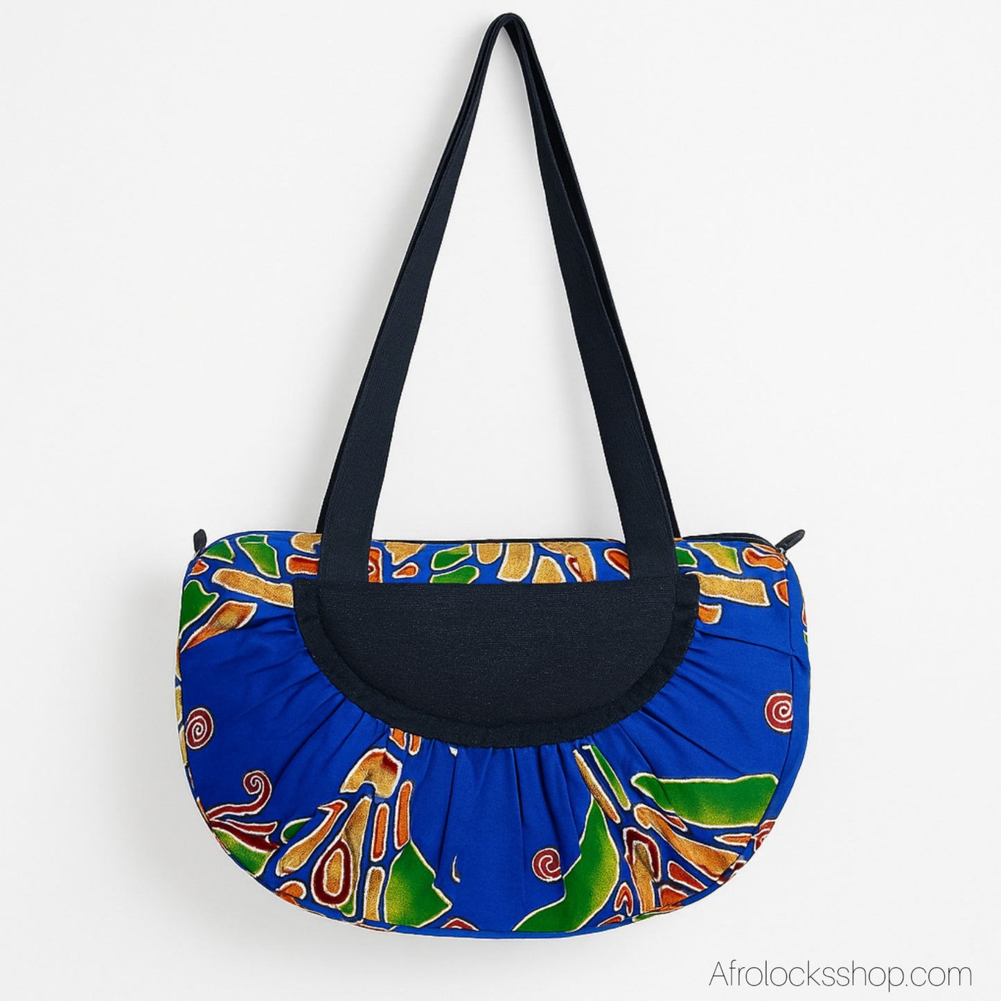 Sac bandoulière wax bleu & jean – pièce unique (35×29 cm) – fronces & fermeture zippée – fait main en France