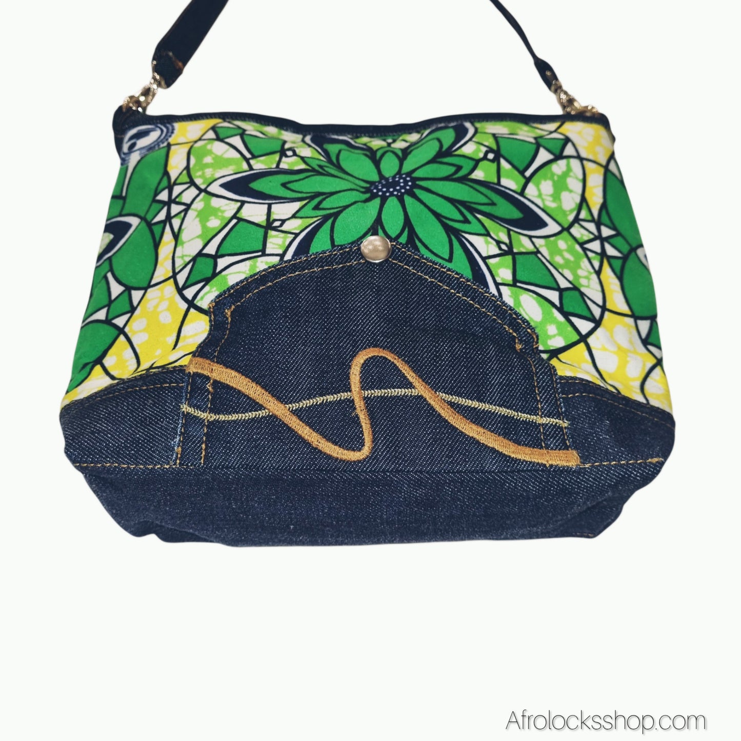 Sac bandoulière wax & jean – pièce unique (28×20 cm) – fait main en France