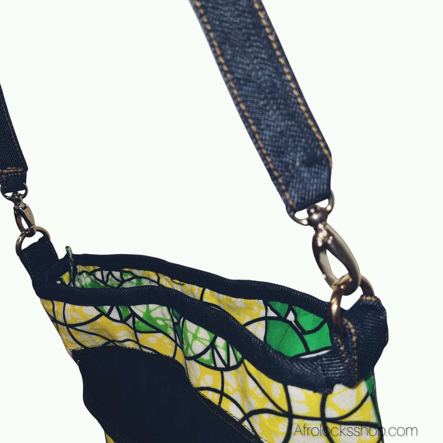 Sac bandoulière wax & jean – pièce unique (28×20 cm) – fait main en France