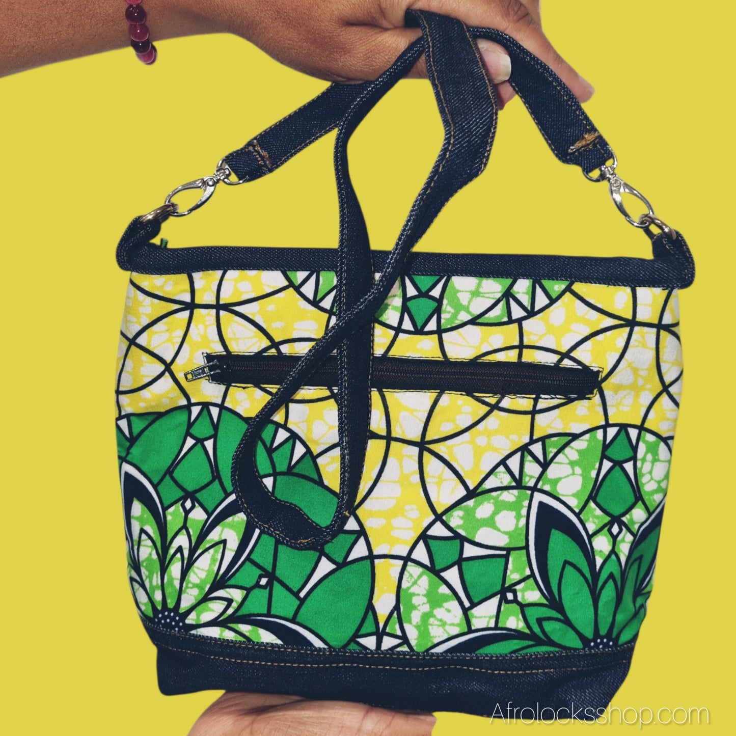 Sac bandoulière wax & jean – pièce unique (28×20 cm) – fait main en France