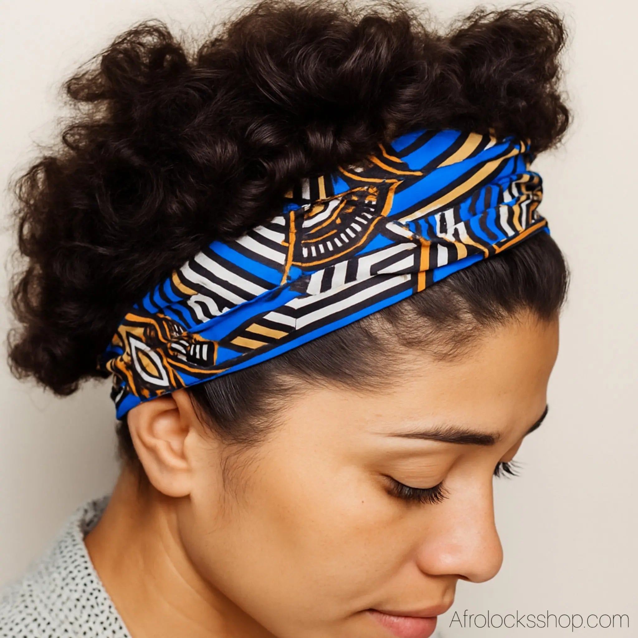 Serre_tete_bleu_motif_africain - Afro Locks Shop