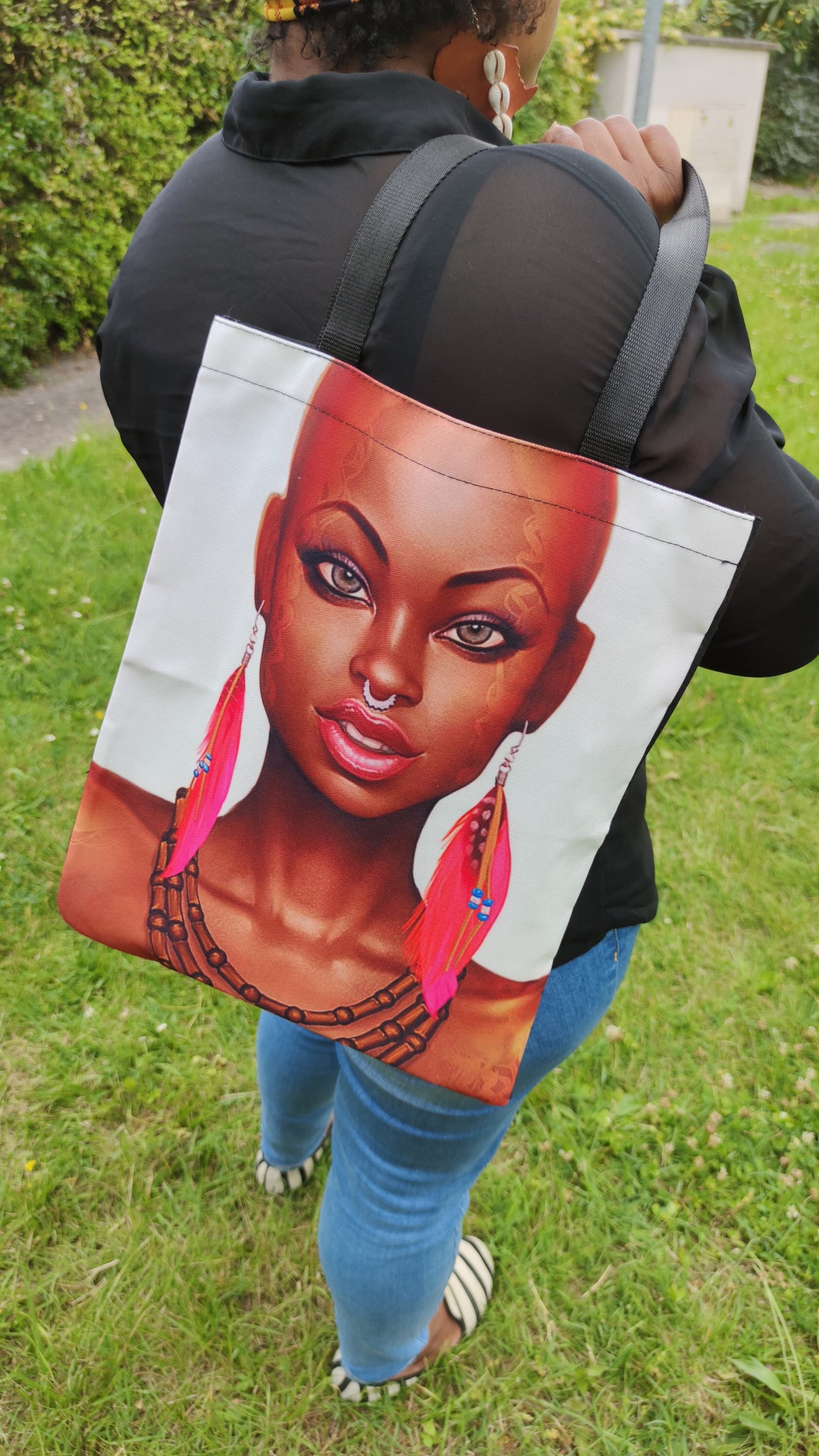 Shopper bag afro - fourre-tout visage de femme noire Lauryn Hill vitiligo tribal-SQ2904937