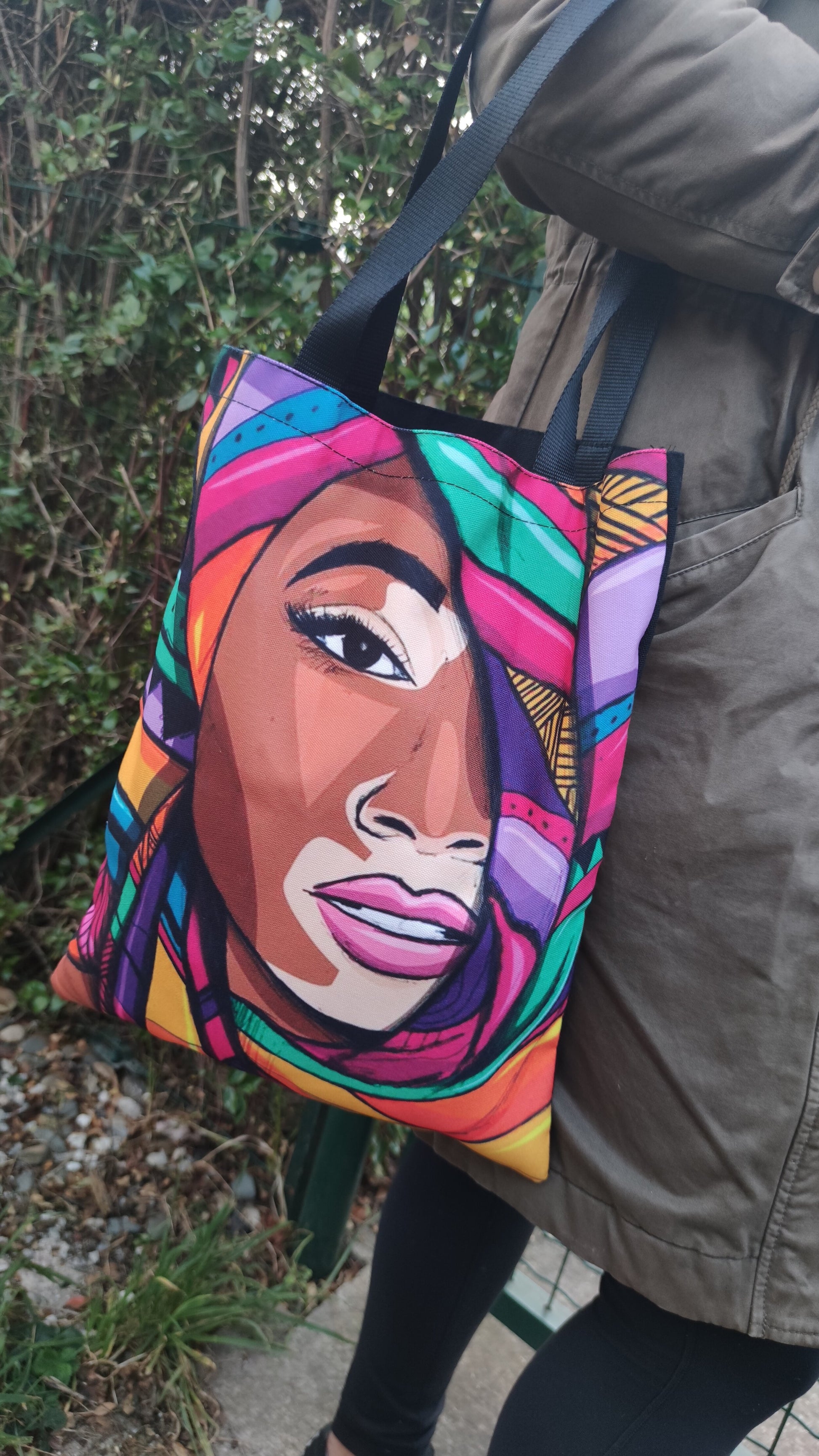 Shopper bag afro - fourre-tout visage de femme noire Lauryn Hill vitiligo tribal-SQ2904937