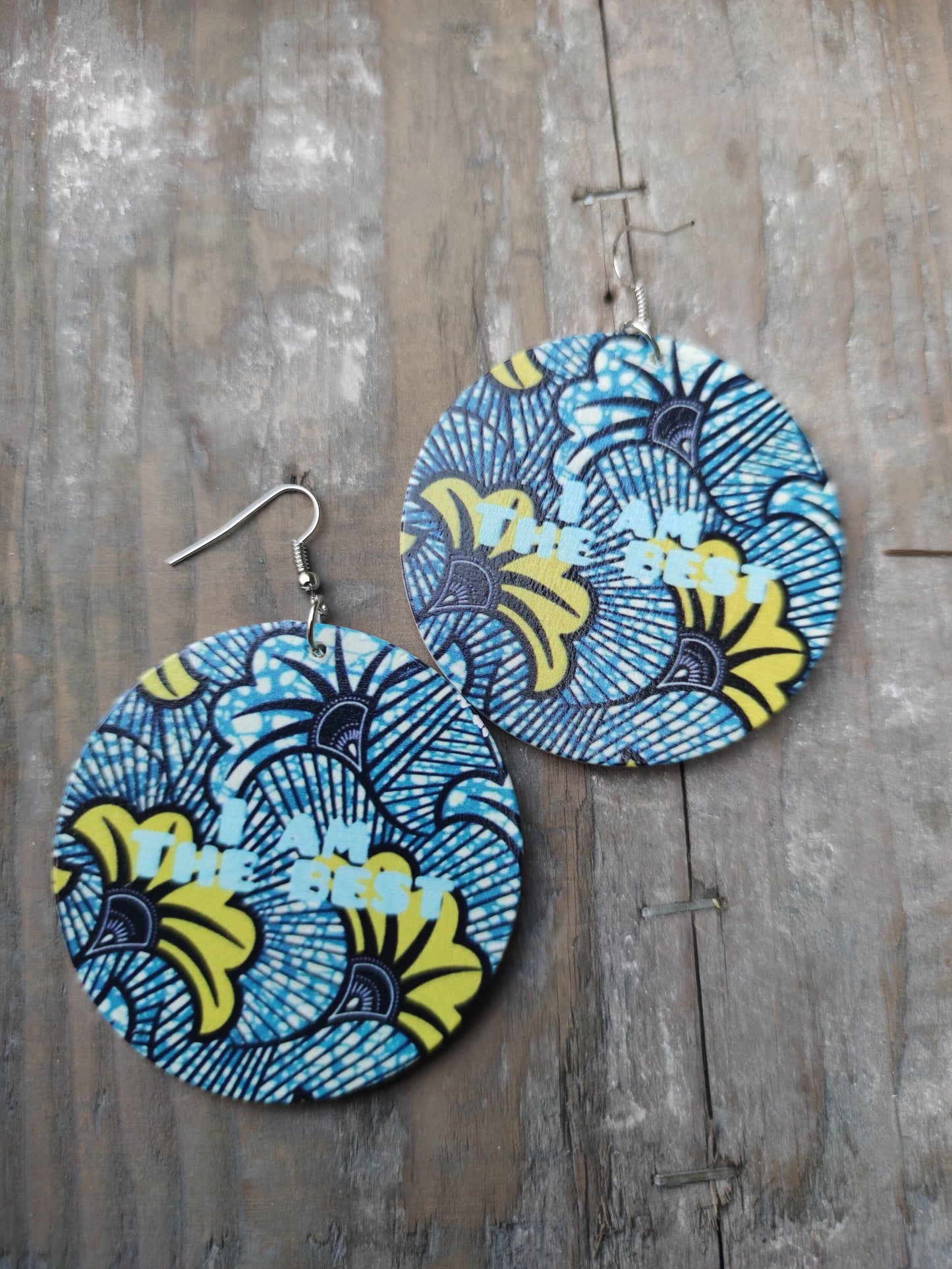 Boucles d'oreilles I am the best - imprimé tissu africain bleu jaune kente wax