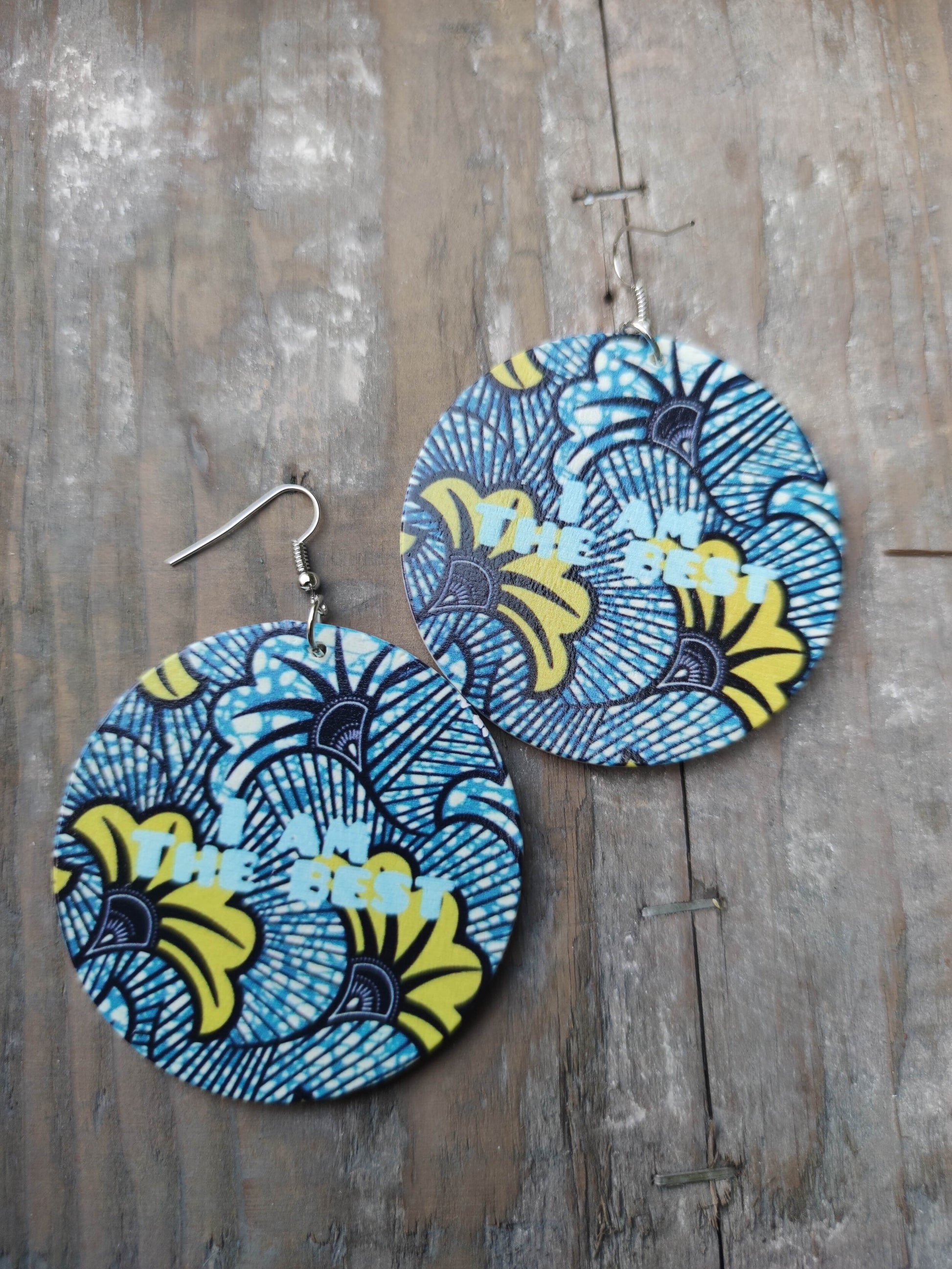 Boucles d'oreilles I am the best - imprimé tissu africain bleu jaune kente wax