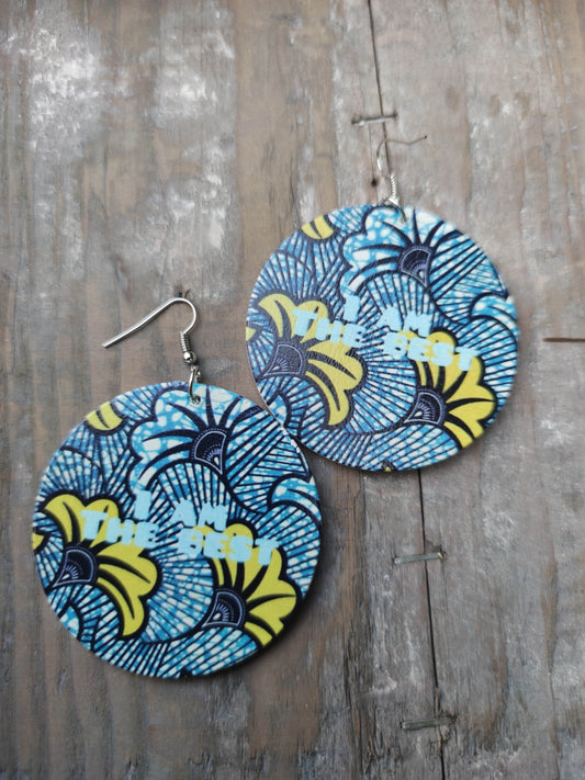 Boucles d'oreilles I am the best - imprimé tissu africain bleu jaune kente wax