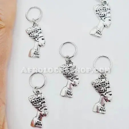 Five silver Queen Nefertiti hair jewelry charms for braids, locks or afro hairstyles