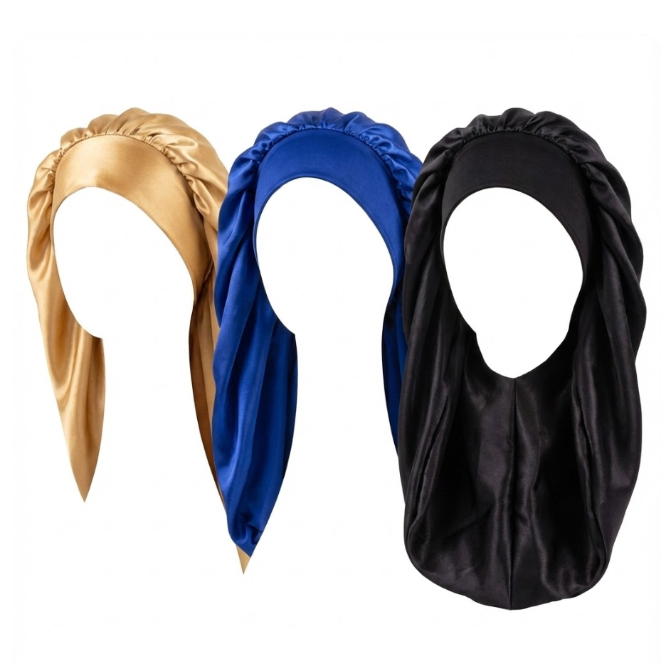 Bonnet de nuit tubulaire bleu en satin pour protéger les braids et extensions