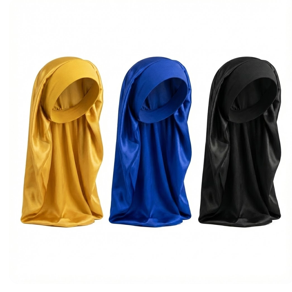 Bonnet long en satin doré 60cm avec large bandeau jersey pour dreadlocks et tresses