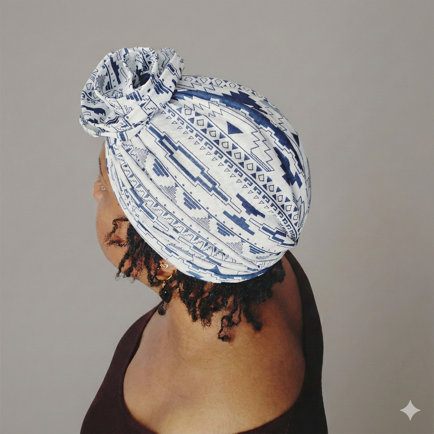 Turban tissu géométrique bleu