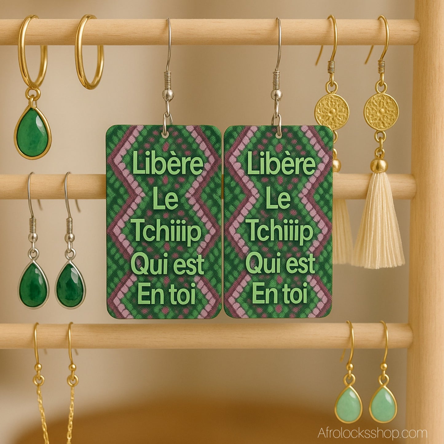 boucles d'oreilles rectangle en bois libere le tchip qui est en toi