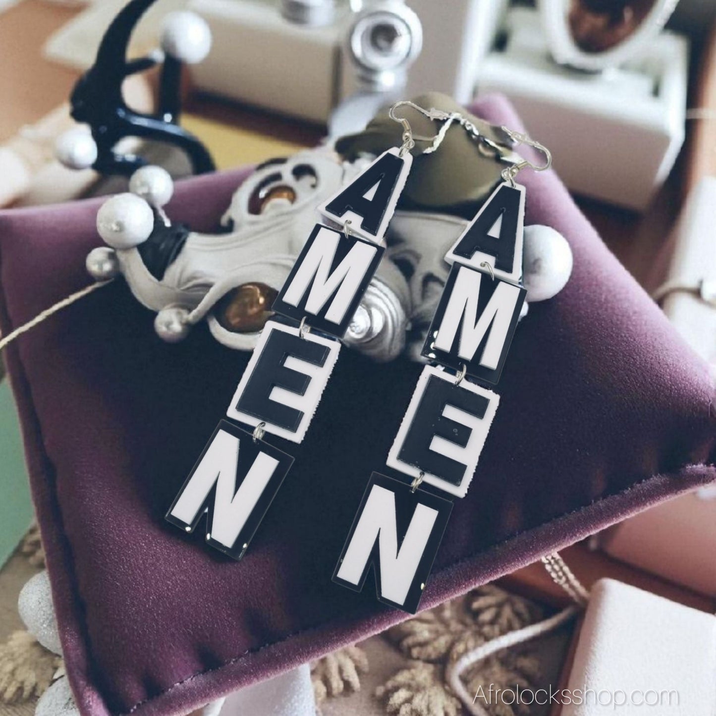 boucles d'oreilles pendantes en acrylique noir et blanc