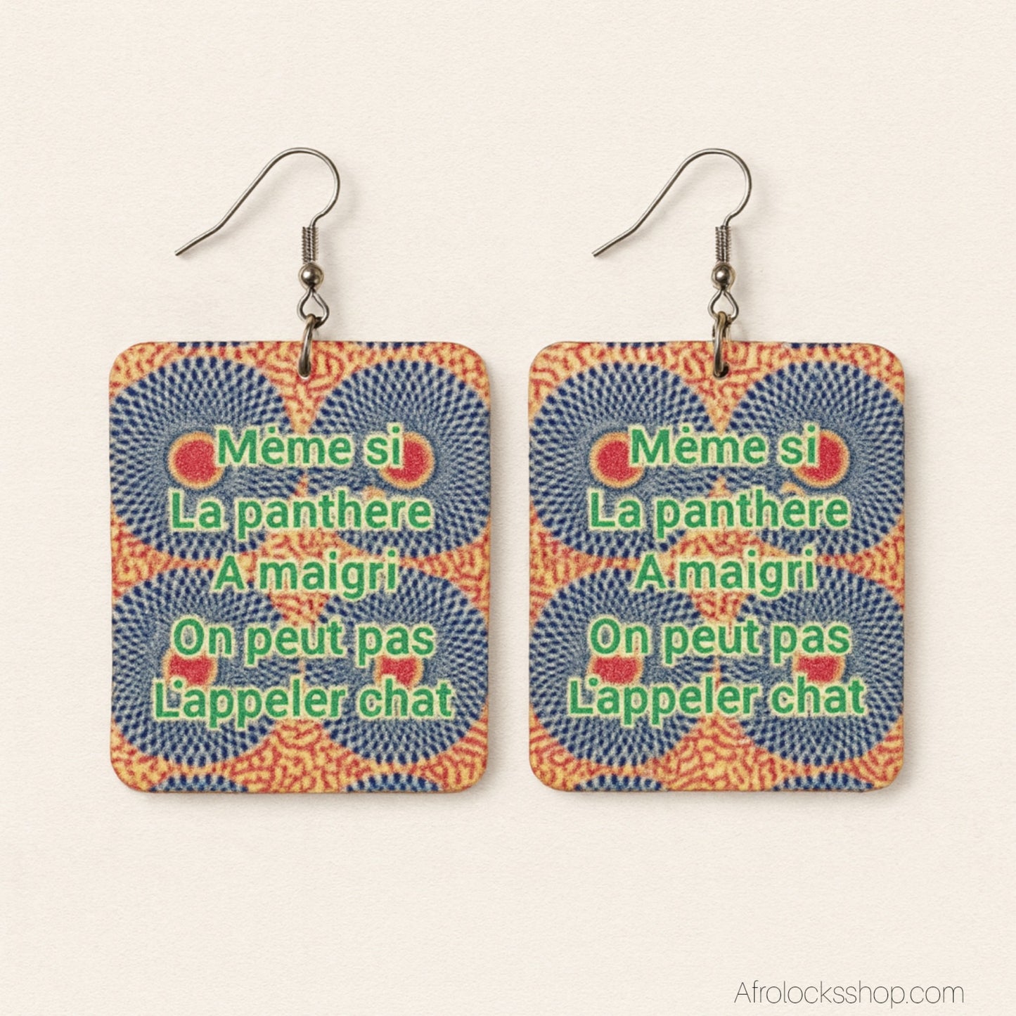 boucles d'oreilles rectangle avec inscription humour africain