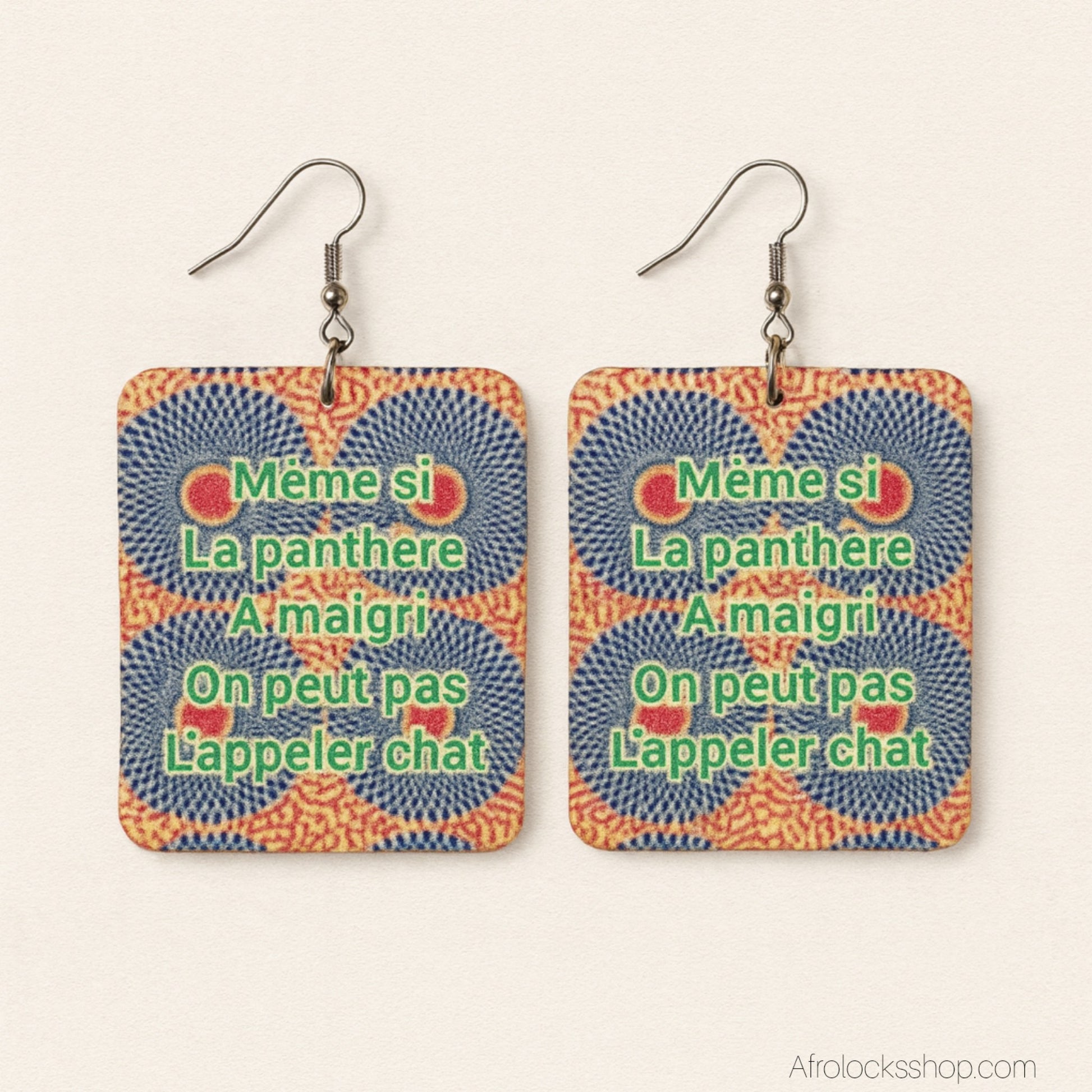 boucles d'oreilles rectangle avec inscription humour africain