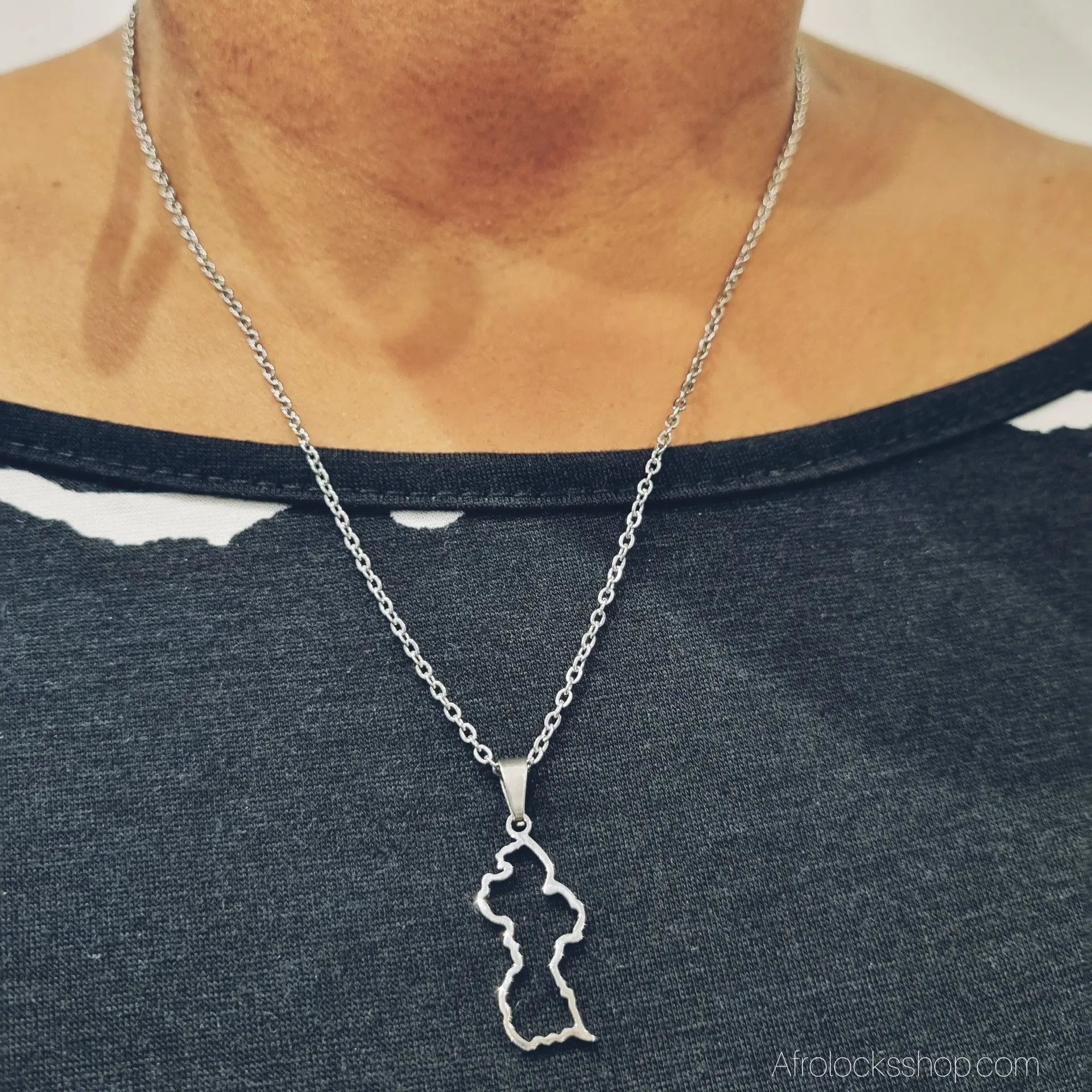 collier-contours-carte-guyana-argent - Afro Locks Shop