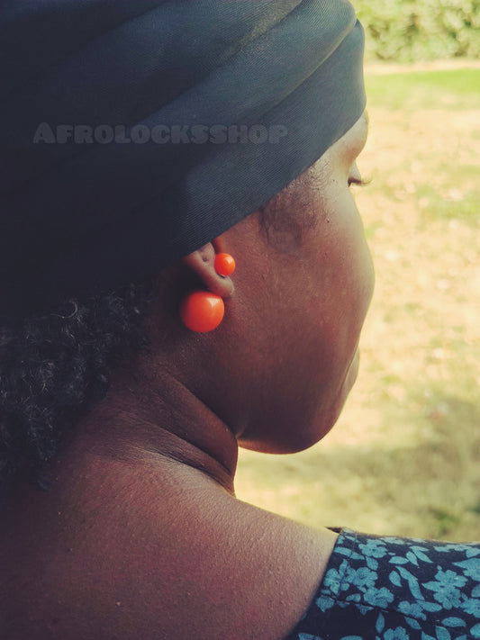 Boucles d'oreilles double face goujon - boules style tribal orange noir blanc bleu-SQ5314599