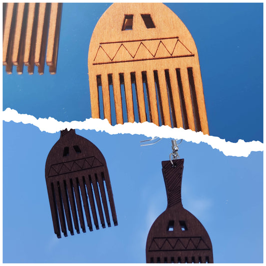 Boucles d'oreilles earrings afro comb peigne en bois avec gravures adinkra symbole africain 2 couleurs-SQ1792712