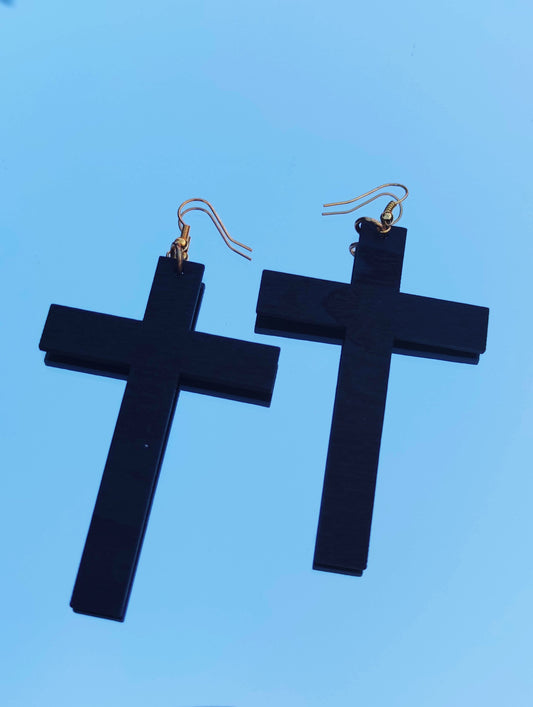 Boucles d'oreilles en bois noir croix chrétienne catholique signe religieux
