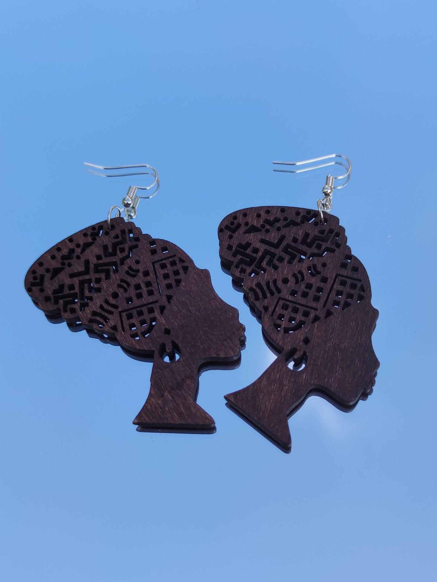 Boucles d'oreilles en bois reine africaine femme au turban Nefertiti Egyptienne-SQ6343606