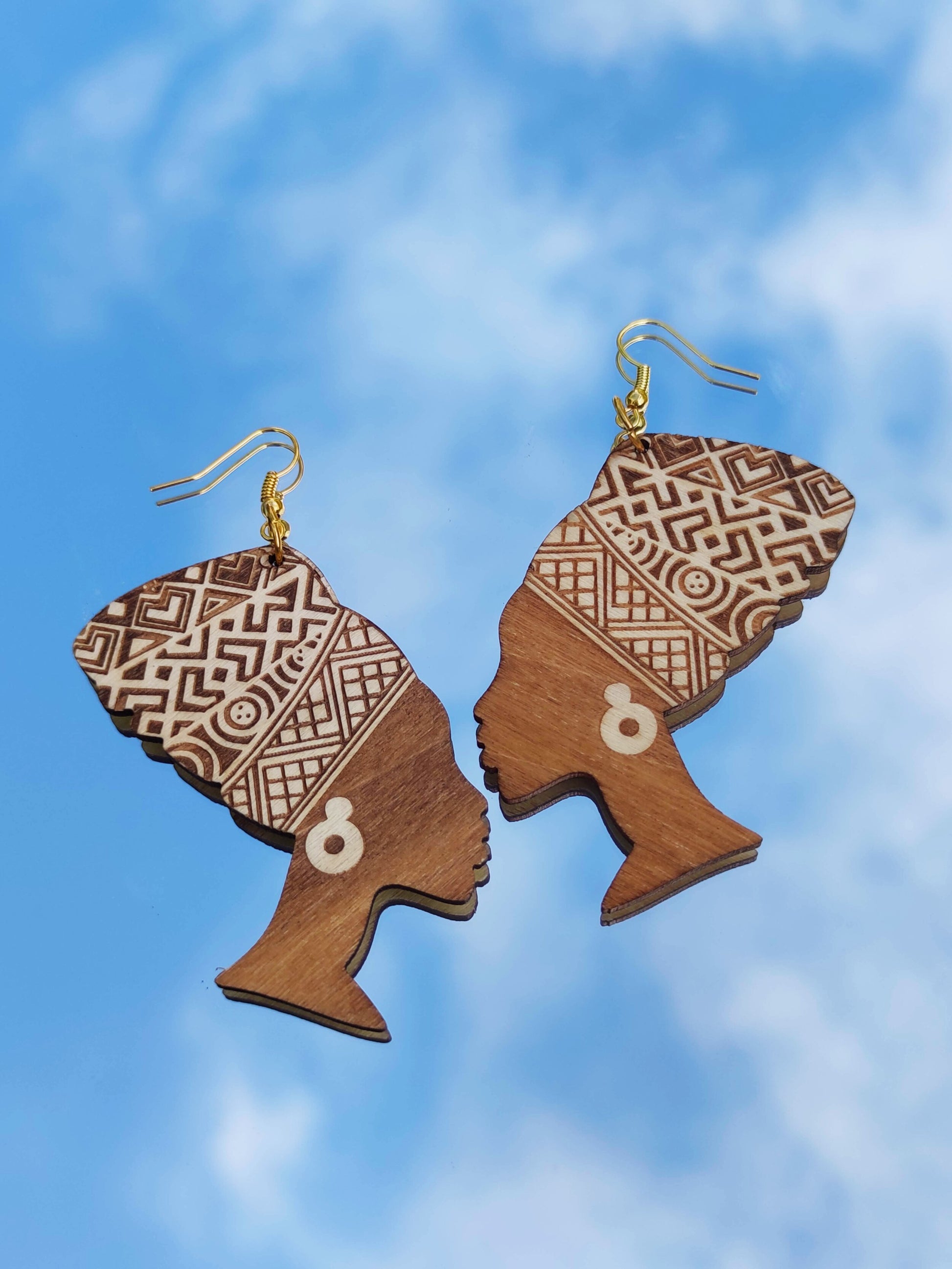 Boucles d'oreilles en bois reine africaine femme au turban Nefertiti Egyptienne-SQ6343606