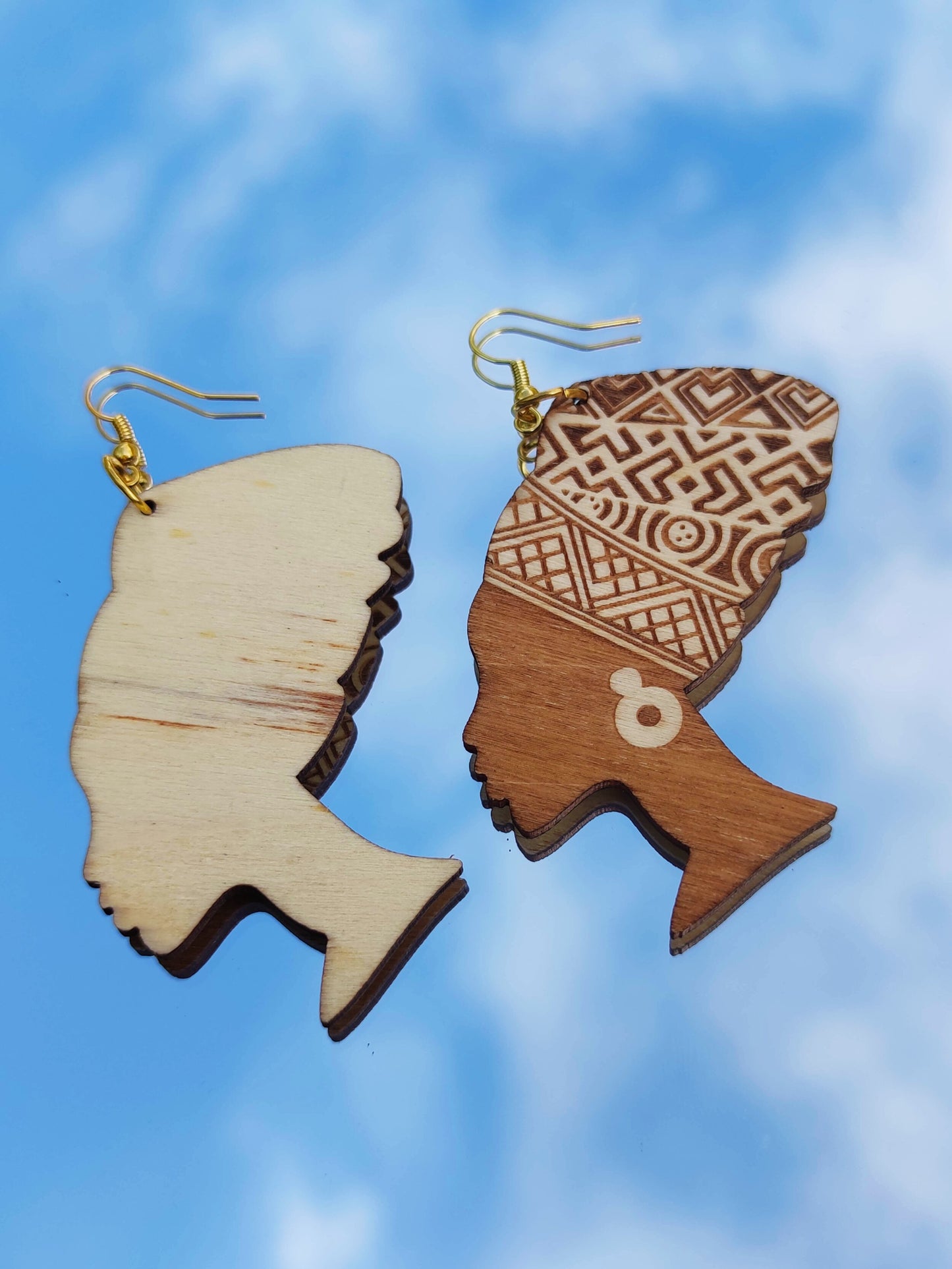 Boucles d'oreilles en bois reine africaine femme au turban Nefertiti Egyptienne-SQ6343606