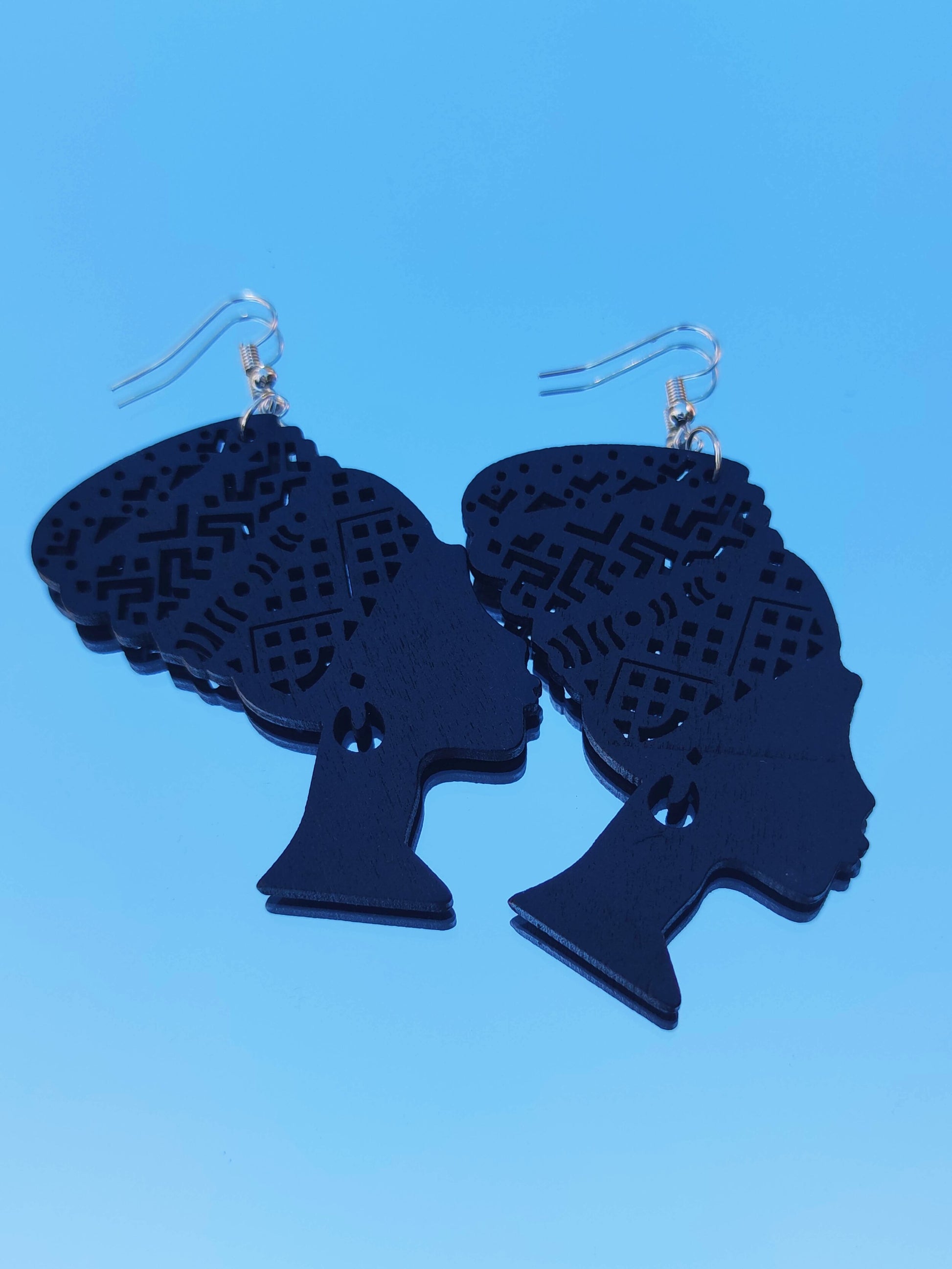 Boucles d'oreilles en bois reine africaine femme au turban Nefertiti Egyptienne-SQ6343606