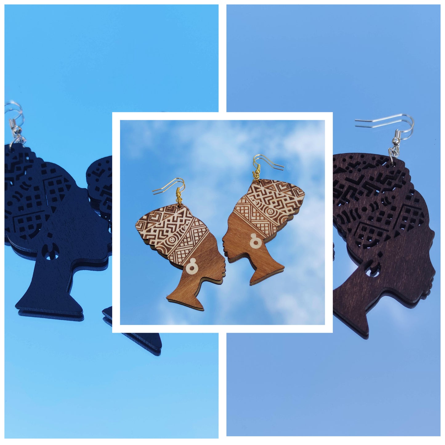 Boucles d'oreilles en bois reine africaine femme au turban Nefertiti Egyptienne-SQ6343606