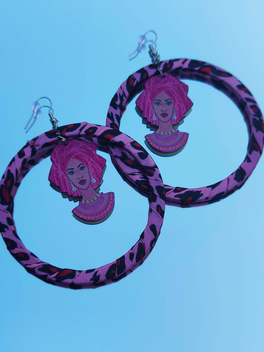 Boucles d'oreilles mode africaine - femme afro au turban tissu imprimé grandes créoles-SQ7783725