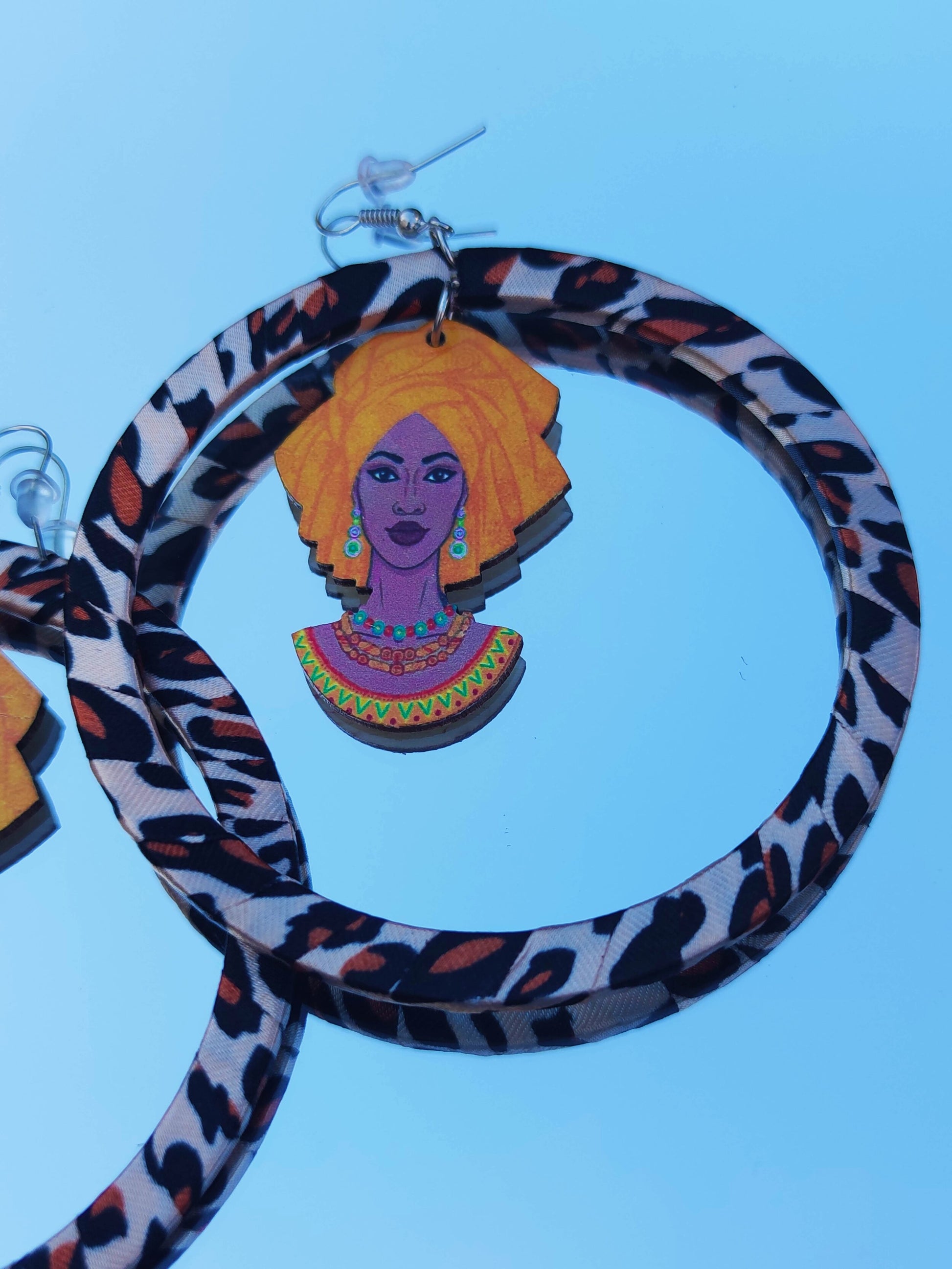 Boucles d'oreilles mode africaine - femme afro au turban tissu imprimé grandes créoles-SQ7783725