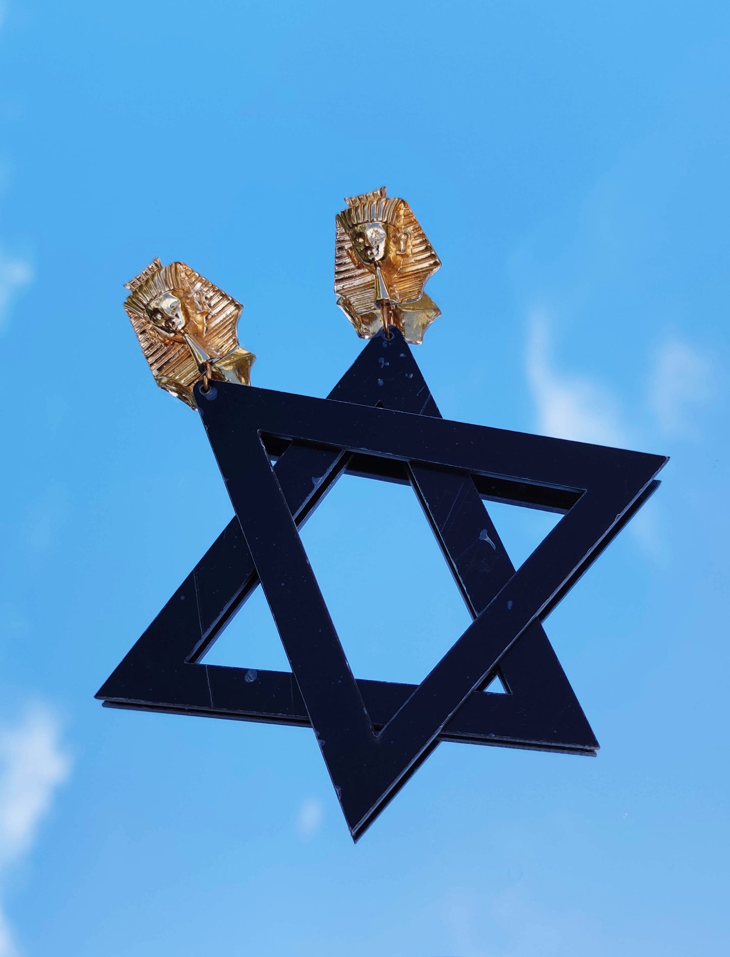 Boucles d'oreilles géantes sphinx triangle noir géométriques mythologie egyptienne afrocentrique