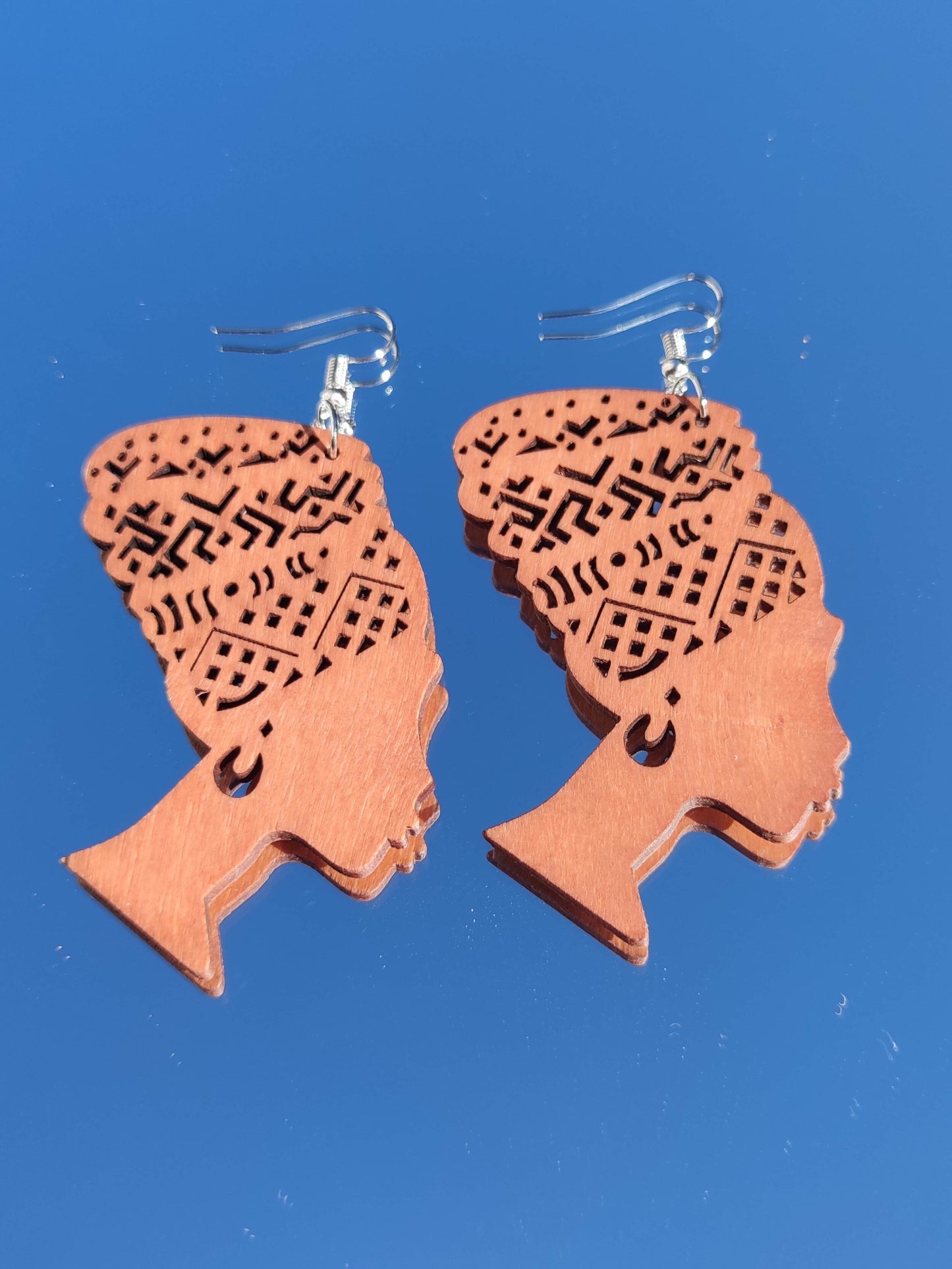 Boucles d'oreilles en bois reine africaine femme au turban Nefertiti Egyptienne-SQ6343606
