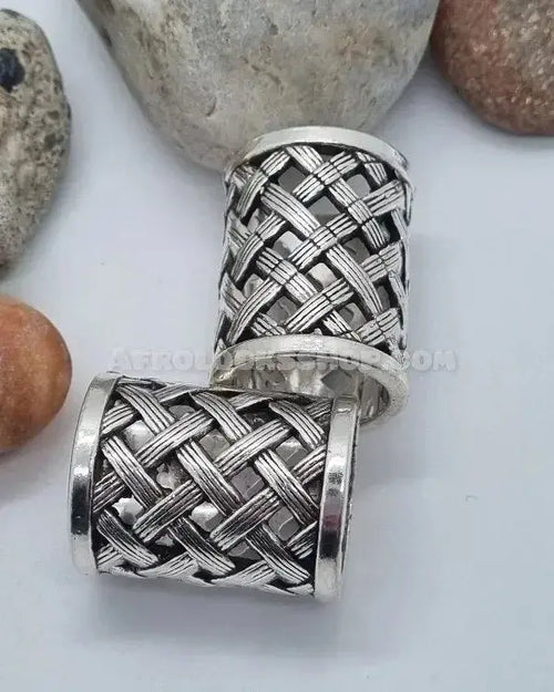 Silver-tone braided metal hair cuffs for locs, decorative afro hair jewelry on stones