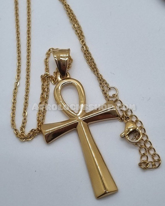 Chaîne acier inoxydable or et son pendentif croix de vie ankh