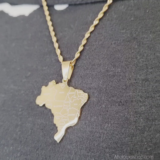 Collier « Carte du Brésil » – Acier inoxydable 316L doré (chaîne 50 cm)