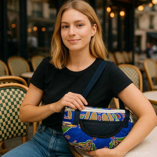 sac en wax bleu et jean porté par une femme dans un café