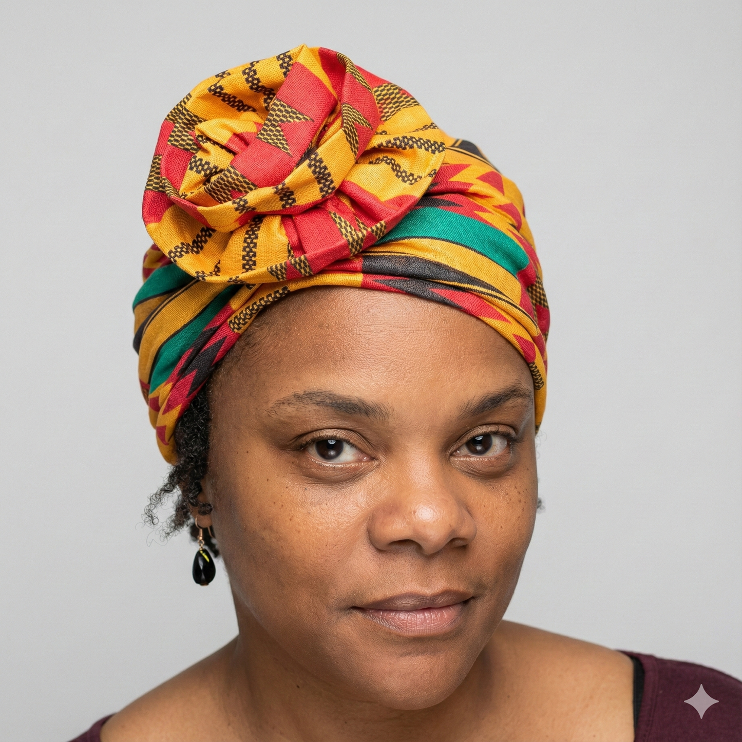 Turban pré-attaché motif wax jaune porté par une femme noire