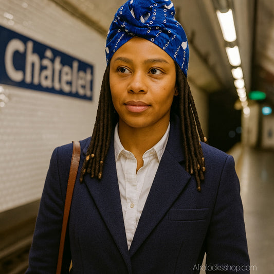 turban femme pre noue bleu pour journee vu ici porte par une femme noire